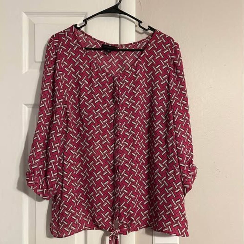 Worthington Woman 2X Pink Geometric Print Tie Front Blouse 3/4 Sleeve Plus